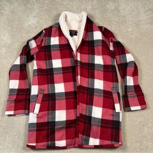 Abercrombie Sherpa Cardigan Jacket Red Plaid Open‎ Front Long Comfy Women Small